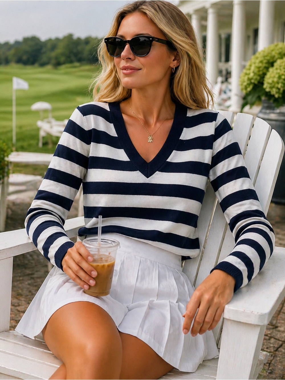 Gap Large Navy White Striped V Neck Sweater 100% Cotton Preppy Coastal